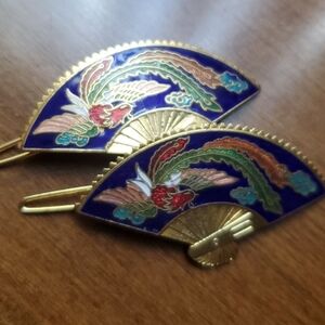 Cloisonne Gold and Blue Fan-Shaped Hair Vintage Barrette Clips (Pair)